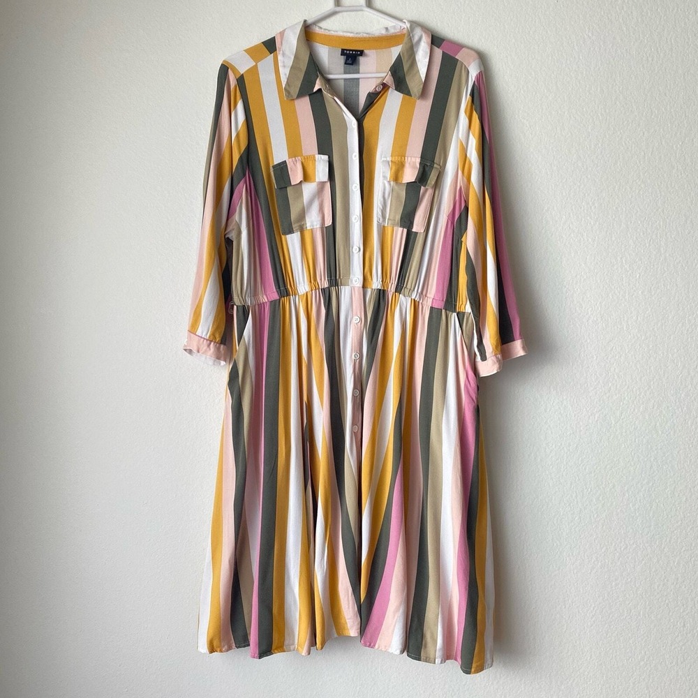 Torrid Striped Shirt Dress Button Front Elastic Waist Midi sz 2 Boho
